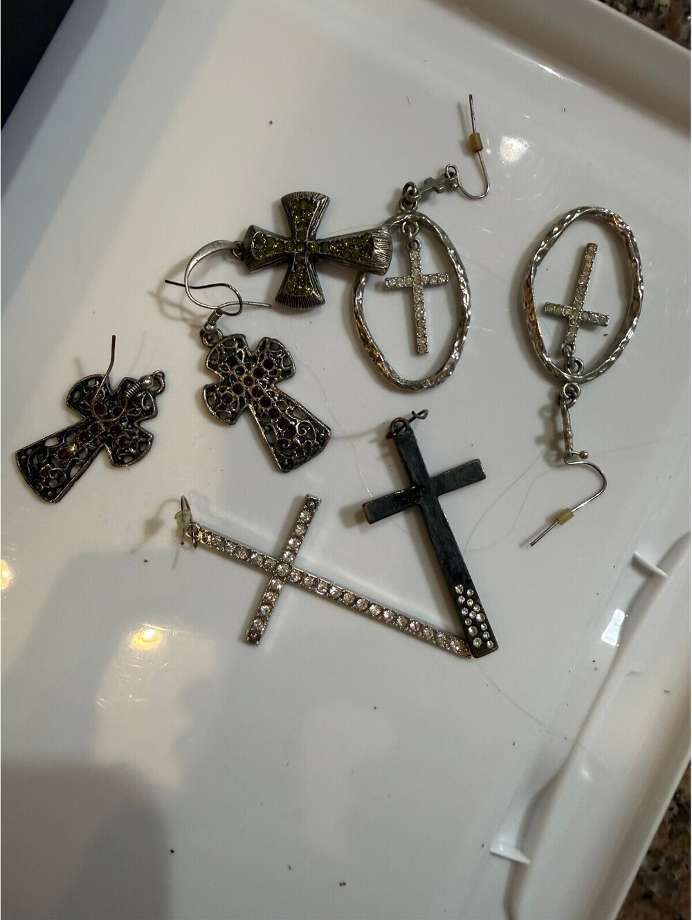 VIntage Set of 6 Cross Pendant Earrings in Mixed Metal and Rhinestone Styles